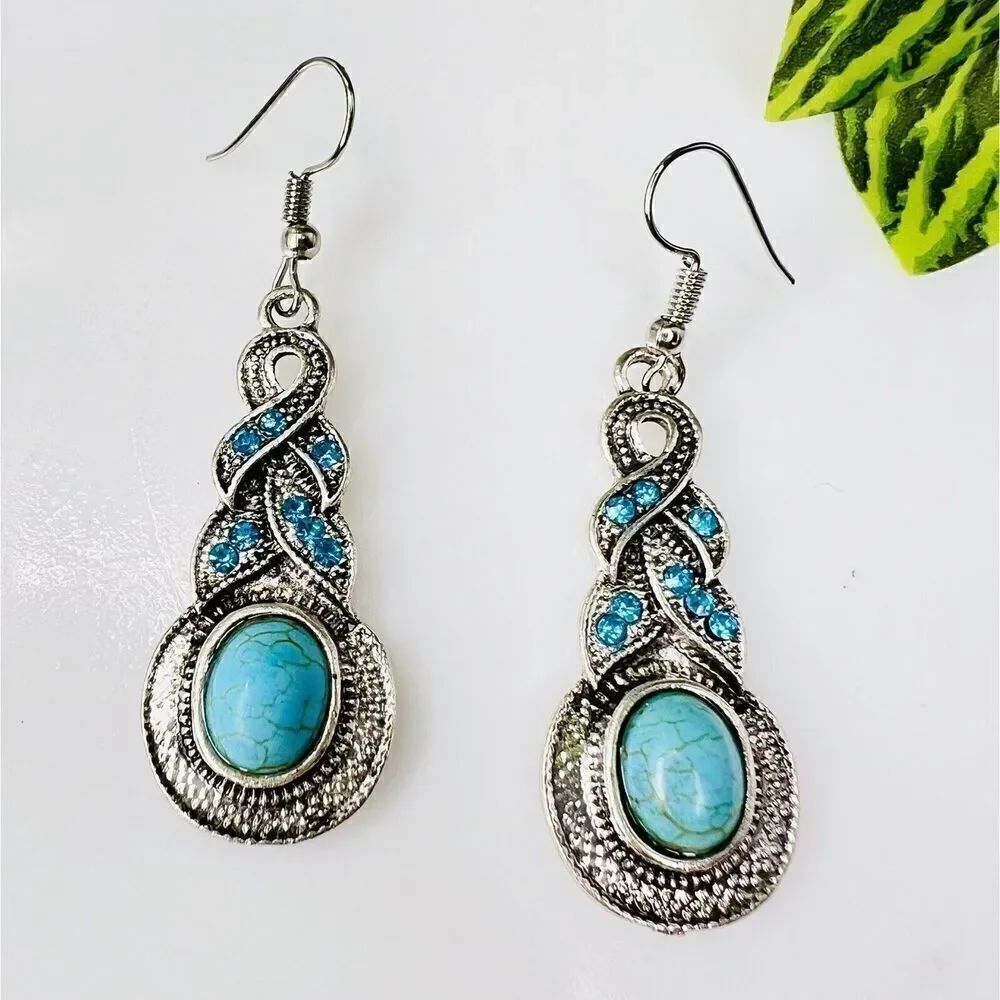 Teal Blue Faux Turquoise Ribbon Braided Rhinestone Silver Tone Dangle Earrings